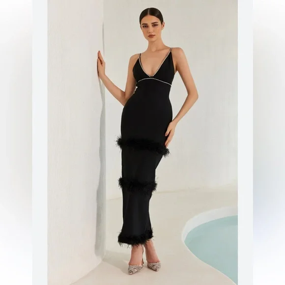 HOUSE OF CB Women's Maricel Feather Trim Cocktail Dress - Black - Cocktail dresses